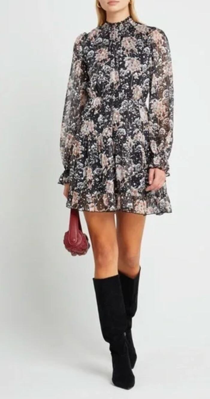 OPT One Pretty Time Lluvia Long Sleeve Floral Mini Dress Womens Medium New Black